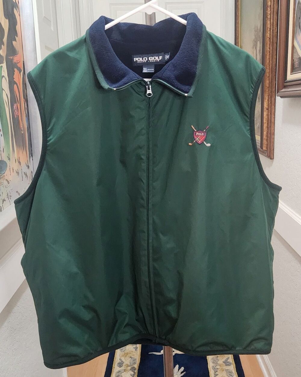 POLO GOLF RALPH LAUREN Green Vest Windbreaker Full Zip Size XL Blue Fleece